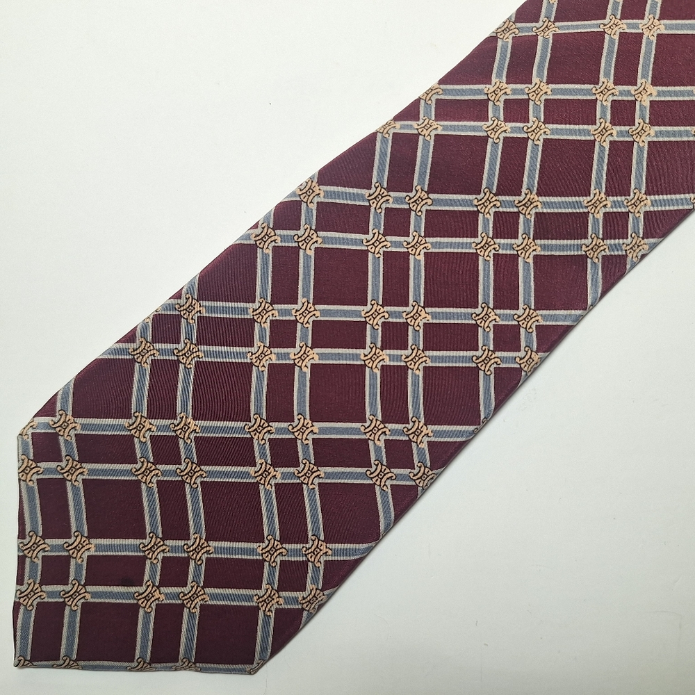 Vintage 90s CELINE Paris Macadam C-Chain Monogram Silk Necktie Burgundy & Blue